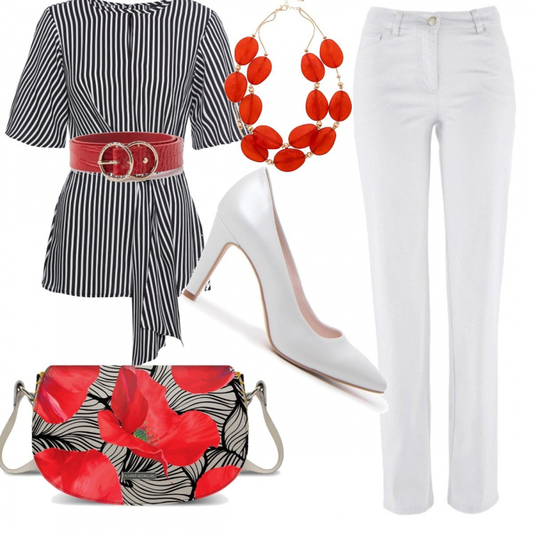 Outfit donna - Papaveri. Stile Trendy per Ufficio. Abbinamento con pantaloni, bluse, collane, cinture, borsa a tracolla, décolleté.