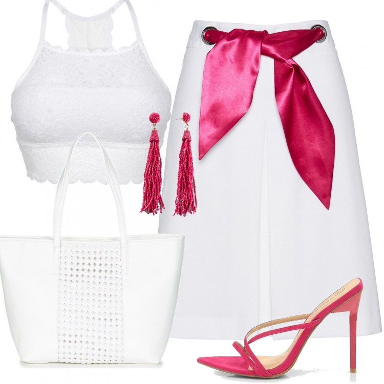 Outfit donna - Note fucsia. Stile Trendy per Tutti i giorni. Abbinamento con reggiseni, gonne, orecchini, jumpsuit forma svasata jersey rosa, sandali con tacco, borsa.