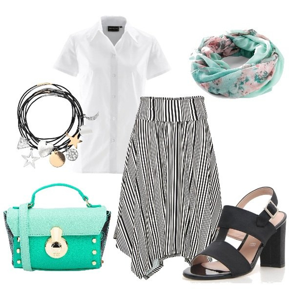 Outfit donna - Gonna asimmetrica. Stile Trendy per Tutti i giorni. Abbinamento con camicie a manica corta, gonna, felpe, foulard, borse a mano, sandali.