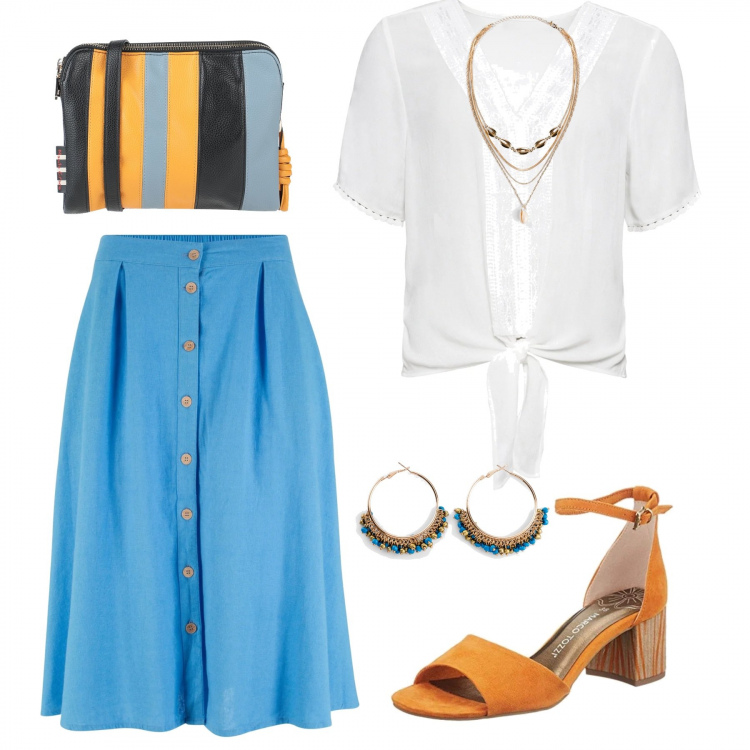 Outfit femme - Blouse et jupe longue. Style Basique pour Tous les jours. Assortir avec jupes, chemises, colliers et pendantifs, colliers, sandales, sacs à main.