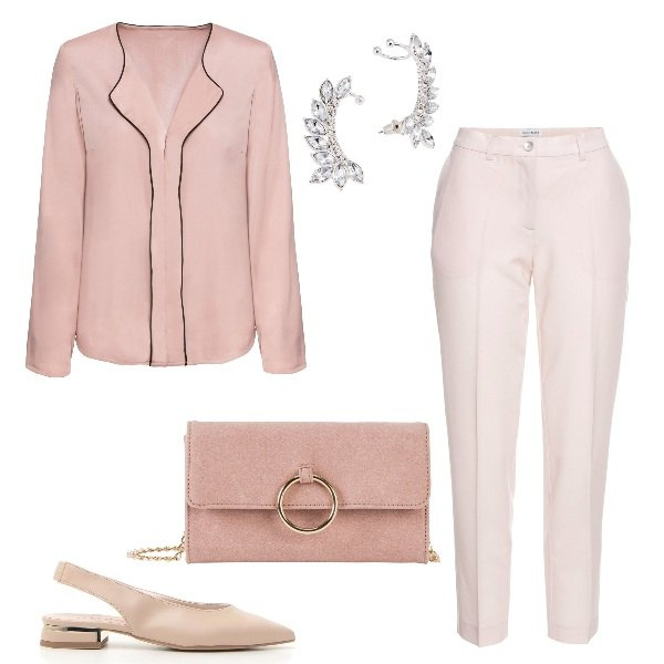 Outfit donna - Eleganza tenue. Stile Bon Ton per Cerimonia. Abbinamento con cappotti, camicie, pantaloni capri, orecchini, décolleté.