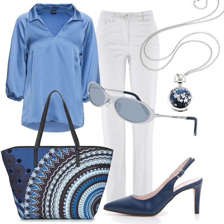 Outfit donna - Aria. Stile Basic per Ufficio. Abbinamento con pantaloni, blusa, collane, borsa, occhiali da sole, décolleté.