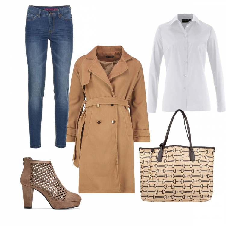 Outfit donna - Bon Ton #10634. Stile Bon Ton per Tutti i giorni. Abbinamento con jeans skinny, camicie, stivaletti, borse a mano, trench.