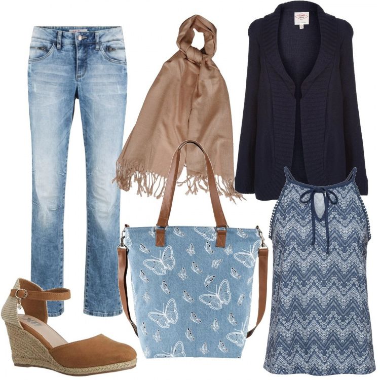 Outfit donna - Shopping con la shopping bag. Stile Trendy per Tutti i giorni. Abbinamento con vestiti, jeans, shopping bag, scialli, cardigans, sandali.