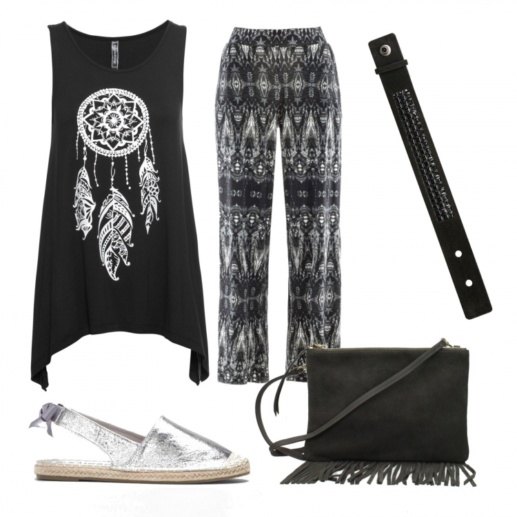 Outfit donna - Montana Western. Stile Basic per Tutti i giorni. Abbinamento con top, pantaloni a palazzo, pantaloni skinny, borse a spalla, braccialetti.