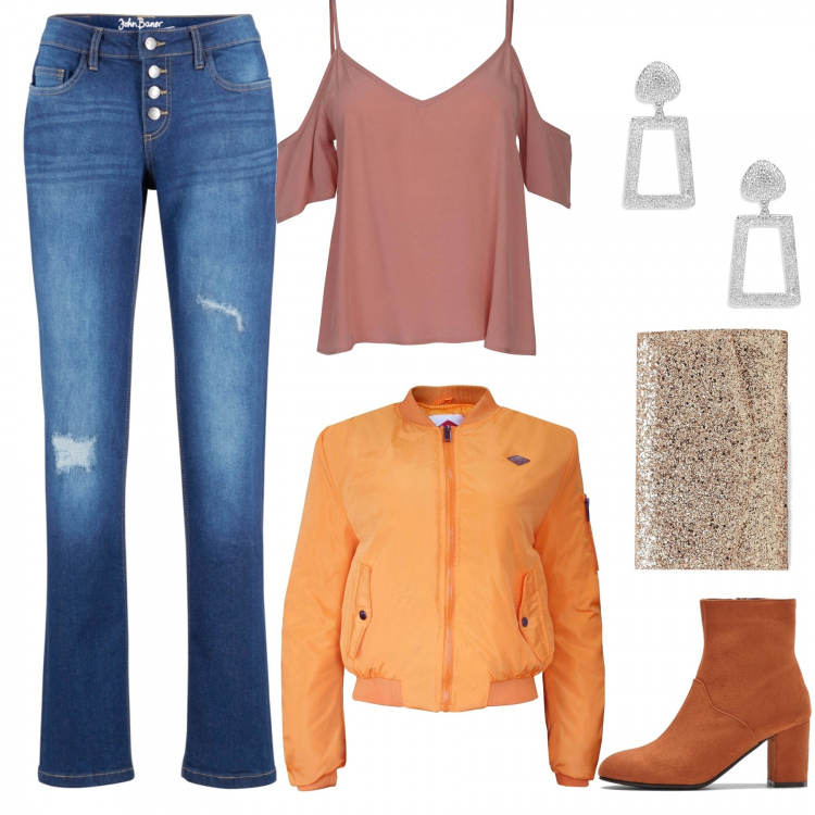 Outfit donna - Bella.con il bomber. Stile Trendy per Serata fuori. Abbinamento con jeans, stivaletti, orecchini, pochette, top, bomber.