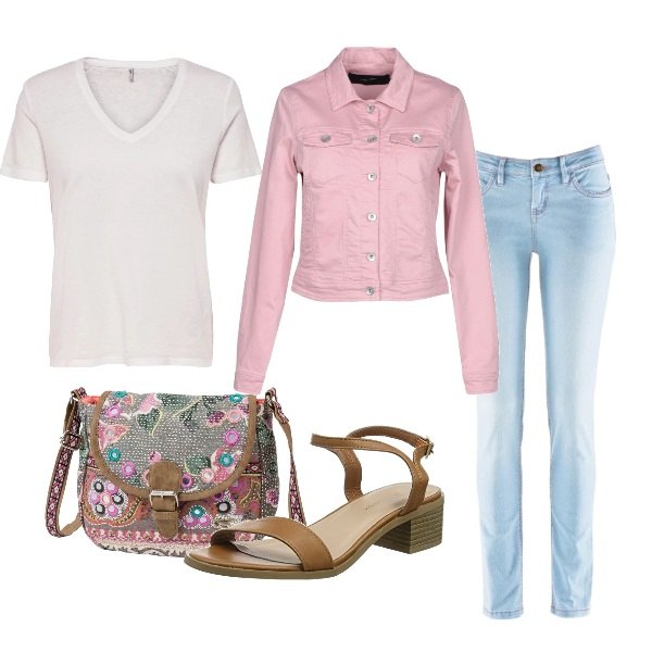 Outfit donna - Bianco. Stile Basic per Tutti i giorni. Abbinamento con giubbotto collo classico a maniche lunghe interno sfoderato in gabardine tinta unita, jeans skinny, borsa a tracolla con zip verde, sandali open toe beige.