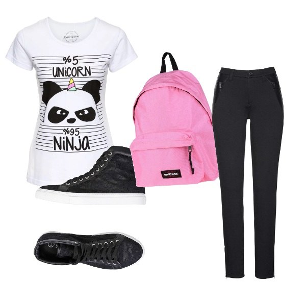 Outfit donna - Pandacorno. Stile Basic per Scuola/Università. Abbinamento con sneakers tennis con pizzo e punta tonda pianta larga in pelle tinta unita, t-shirt con stampa bianco.