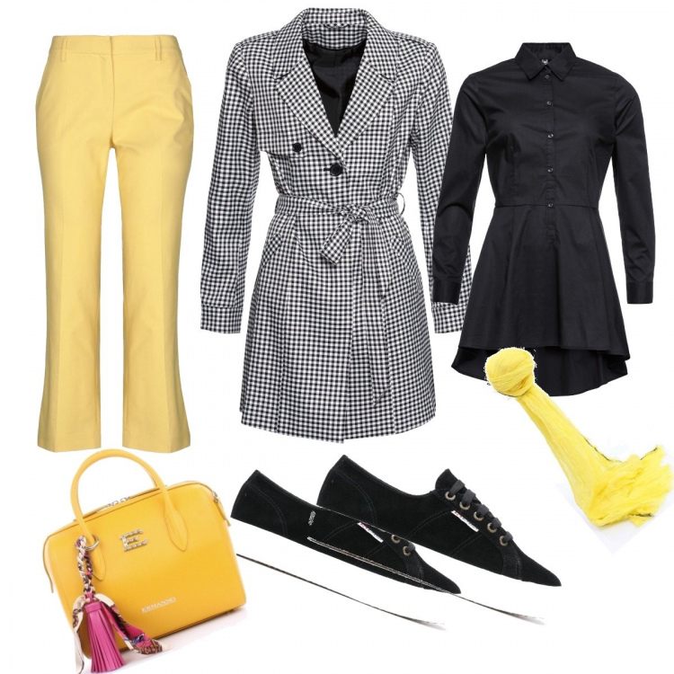 Outfit donna - Acquazzone all ‘improvviso il trench. Stile Trendy per Ufficio. Abbinamento con camicie, trench, pantalone lungo, sciarpe, borse a mano, sneakers con plateau e stampa con lacci e punta tonda nero e bianco.