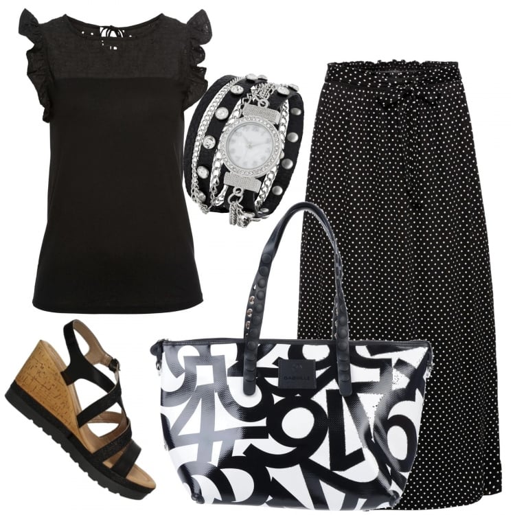 Outfit donna - Basic #14315. Stile Basic per Tutti i giorni. Abbinamento con borse a mano, t-shirt, gonne lunghe, orologio, sandali.