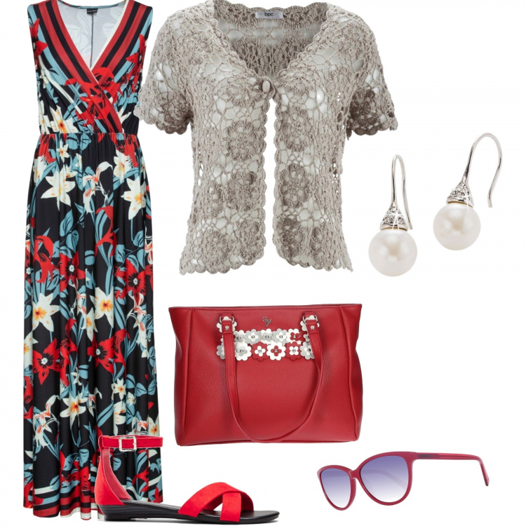 Outfit donna - Trendy #23013. Stile Trendy per Tutti i giorni. Abbinamento con vestiti lunghi, bolero, maglieria, orecchini, borsa a mano, occhiali da sole.