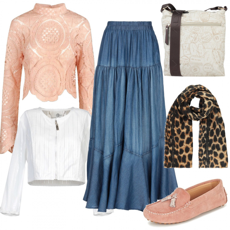 Outfit mujer - New hippie. Estilo Étnico para Todos los días. Combinación con mocasines, cintura in denim, top, bolsos de hombro, giacca, bufandas.