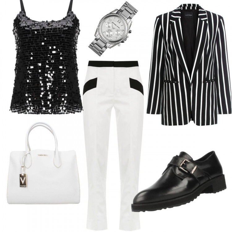 Outfit donna - Black & White. Stile Chic per Serata fuori. Abbinamento con blazer, top, scarpe, borsa a spalla, orologi analogici, pantalone a palazzo.