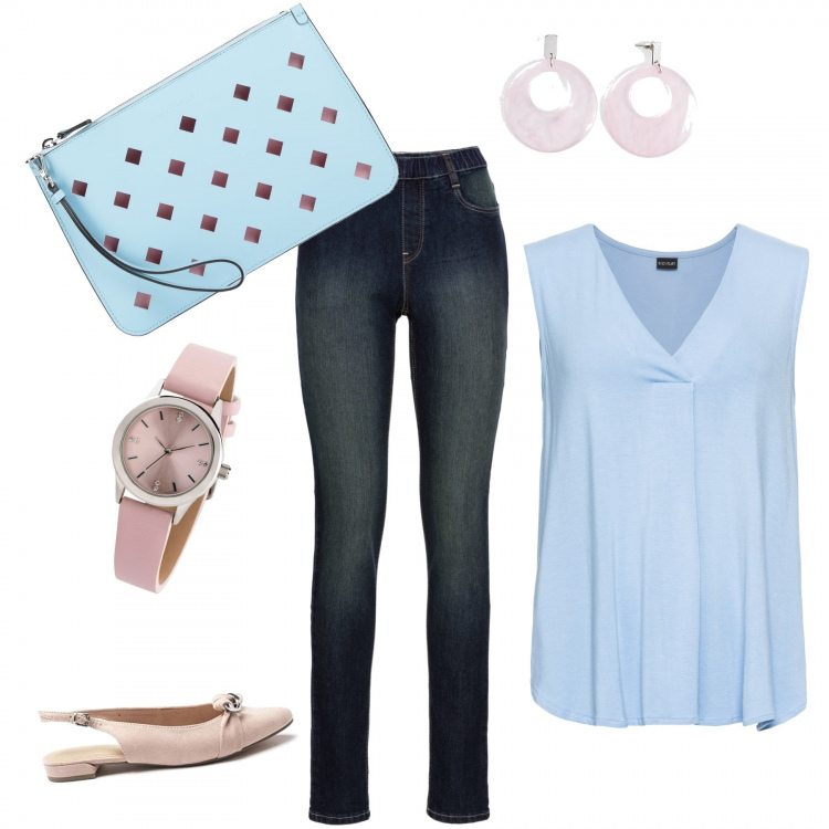 Outfit donna - Colori pastello. Stile Bon Ton per Tutti i giorni. Abbinamento con top, jeggings, orologi, orecchini, borsa a mano, sandali.