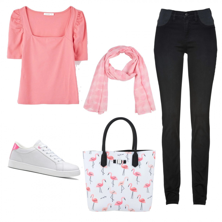 Outfit donna - Estivo - semplice. Stile Basic per Tutti i giorni. look ideale per Petite. Abbinamento con jeans skinny, vestiti, borse a mano, scaldacollo, t-shirt.