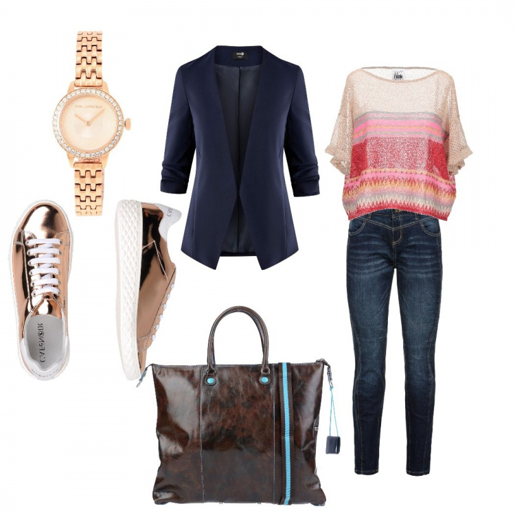 Outfit donna - Basic, shopping moderato. Stile Basic per Tutti i giorni. Abbinamento con jeans boyfriend, pullovers, borsa a mano, sneakers, orologi, blazer.