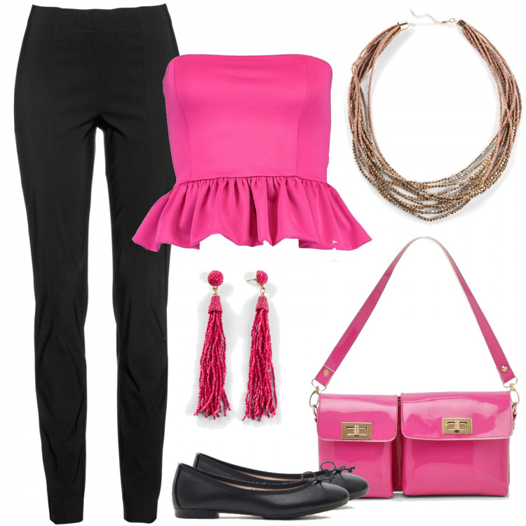 Outfit donna - Beautiful fuxia. Stile Trendy per Tutti i giorni. Abbinamento con pantaloni, collane, orecchini, bralette, clutch, ballerine.
