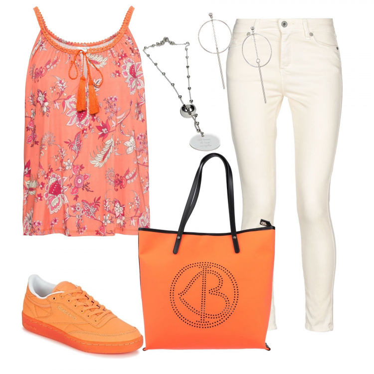 Outfit donna - Orange. Stile Basic per Tutti i giorni. Abbinamento con top, orecchini, pantalone lungo, borse a mano, scarpa, collane.