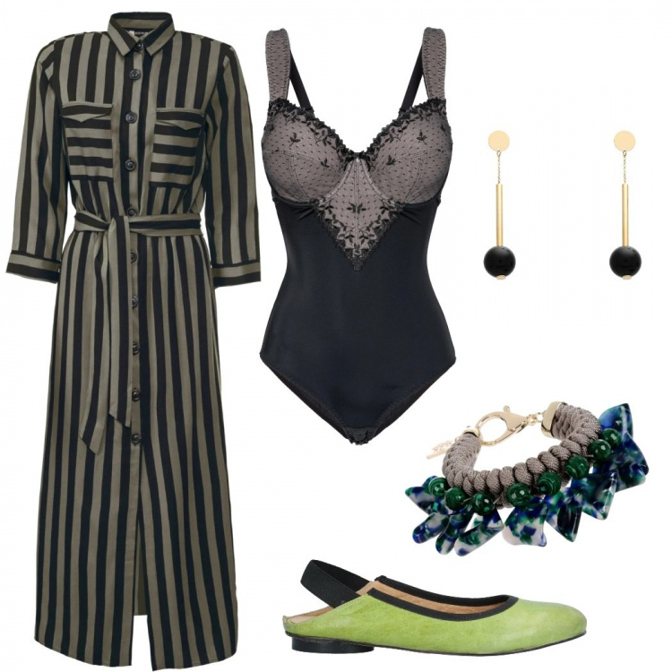Outfit donna - Eleganza a casa - donna curvy. Stile Basic per Tutti i giorni. Abbinamento con body, vestito chemisier, ballerine, braccialetti, orecchini.