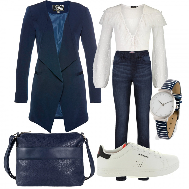 Outfit donna - Urban #10173. Stile Urban per Tutti i giorni. Abbinamento con jeggings, blazer, orologi, borse a tracolla, corpo, scarpa sportiva.