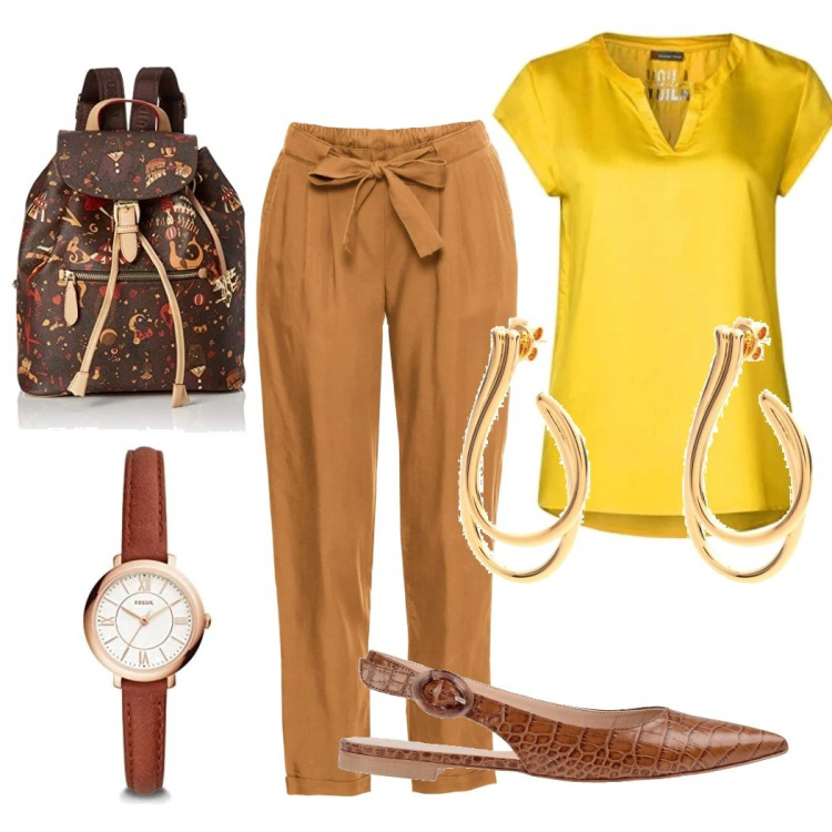 Outfit donna - Al parco con i nipotini. Stile Urban Abbinamento con ballerine, orecchini, shopping bag, camicie a manica corta, zaini, orologio analogico.