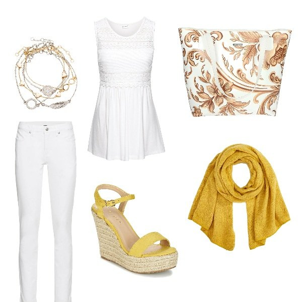 Outfit donna - Giallo....come il sole. Stile Trendy per Serata fuori. Abbinamento con jeans skinny, braccialetti con ciondoli, top, sandali, shopping bag, sciarpe.