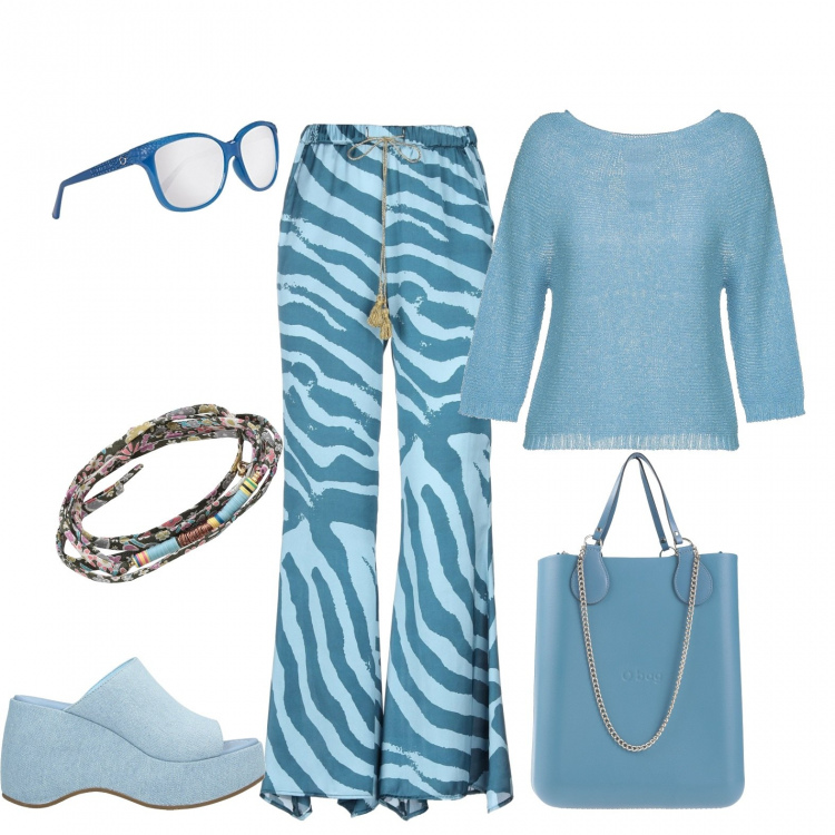 Outfit mujer - Estilo hippie. Estilo Étnico para Todos los días. Combinación con gafas de sol, pantalones largos, bolsos de hombro, pullover, sandalias, zuecos, mules y chanclas de moda in denim, pulseras.