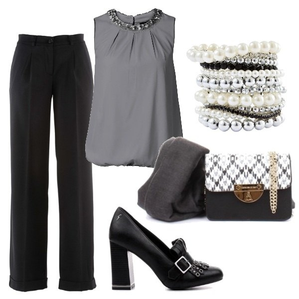 Outfit donna - Serata tra colleghi. Stile Chic per Serata fuori. Abbinamento con pantaloni, braccialetti, bluse, scarpa, shopping bag.