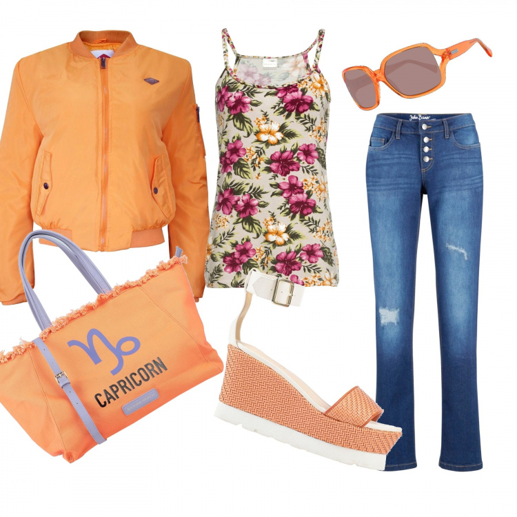 Outfit donna - Basic #14480. Stile Basic per Mare. Abbinamento con borse a mano, sandali col tacco, jeans, top, bomber, occhiali da sole.