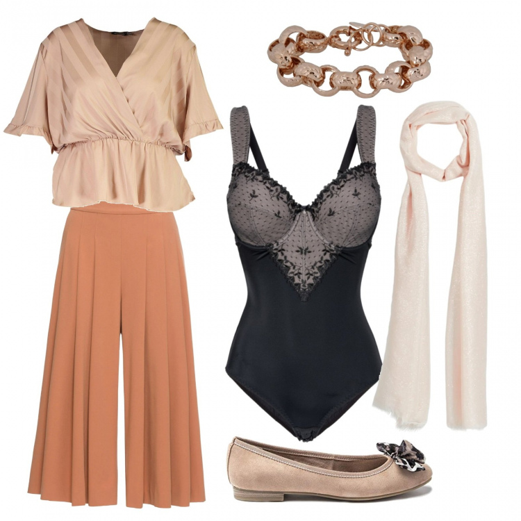 Outfit donna - Primavera in grande. Stile Trendy per Tutti i giorni. Abbinamento con body, pantaloni, braccialetti, bluse, sciarpe, ballerine.