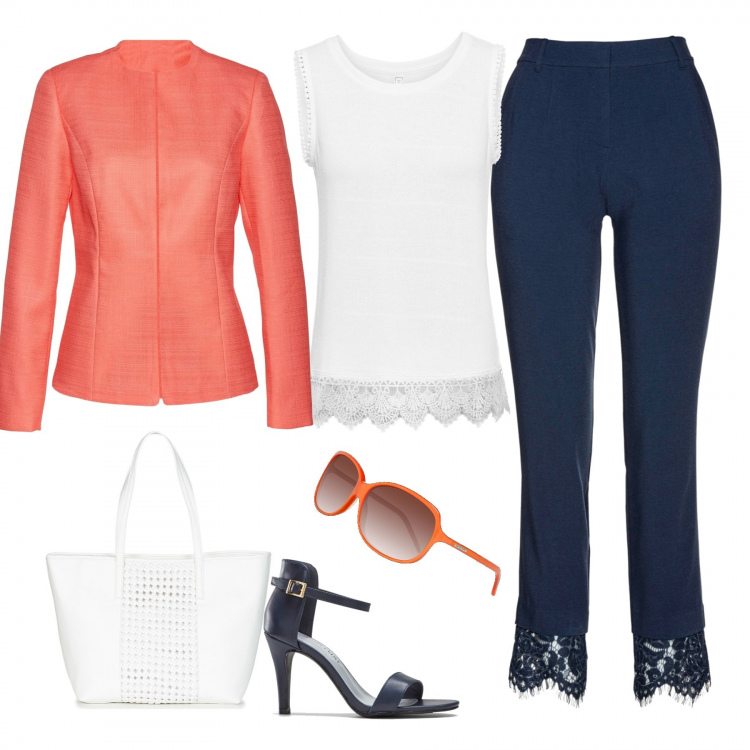 Outfit donna - Non solo nero 2. Stile Urban per Tutti i giorni. Abbinamento con borse a tracolla, pantaloni, blazer, sandali col tacco, borsa, occhiali da sole.