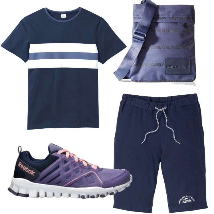 Outfit uomo - Urban #3902. Stile Urban per Sport. Abbinamento con bermuda, maglieria, sneakers, borsa a spalla.