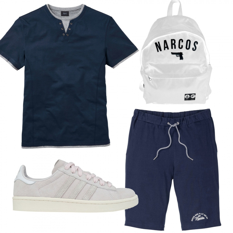 Outfit uomo - Urban #3905. Stile Urban per Sport. Abbinamento con bermuda, pullovers, sneakers, zaino.