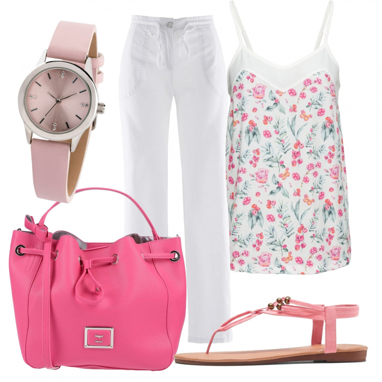 Outfit donna - Primavera. Stile Bon Ton per Tutti i giorni. Abbinamento con pantaloni a palazzo, top, sandali, orologi, borsa a mano.