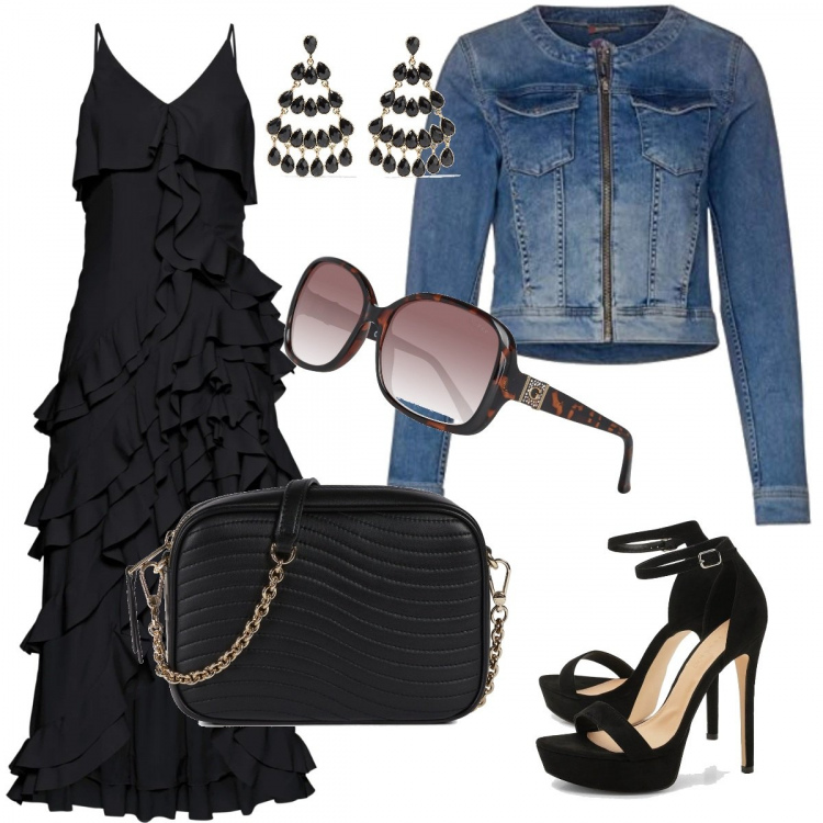 Outfit donna - Al galà. Stile Sexy per Serata fuori. Abbinamento con borse a tracolla, orecchini, bluse, scarpa col tacco, giubbotto, occhiali da sole.
