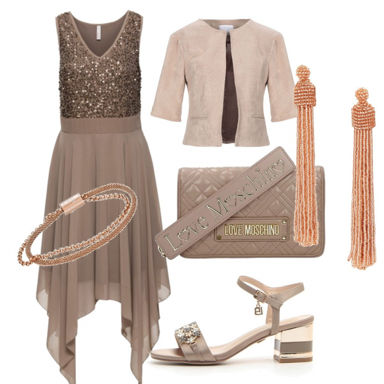 Outfit donna - Chic #12335. Stile Chic per Serata fuori. Abbinamento con vestiti, blazer, braccialetti, orecchini, borsa a tracolla, sandali.