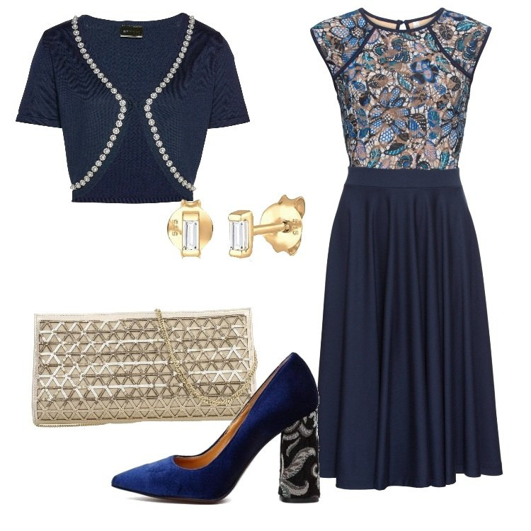 Outfit donna - Abito blu con pizzo per la cerimonia. Stile Chic per Cerimonia. Abbinamento con vestiti midi/longuette, bolero, décolleté, borsa, orecchini.