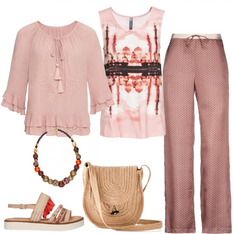 Outfit donna - Ricordi di viaggi esotici. Stile Etnico per Tutti i giorni. Abbinamento con tuniche, cardigans, borse a tracolla, collane, pantalone lungo, sandali.