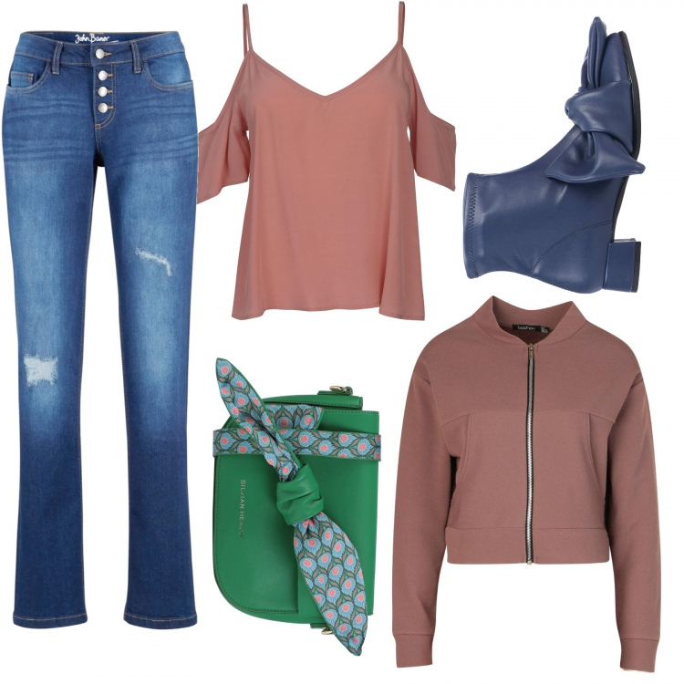 Outfit donna - In look coi fiocchi. Stile Basic per Tutti i giorni. Abbinamento con stivaletti, borse a tracolla, jeans, bomber, top.