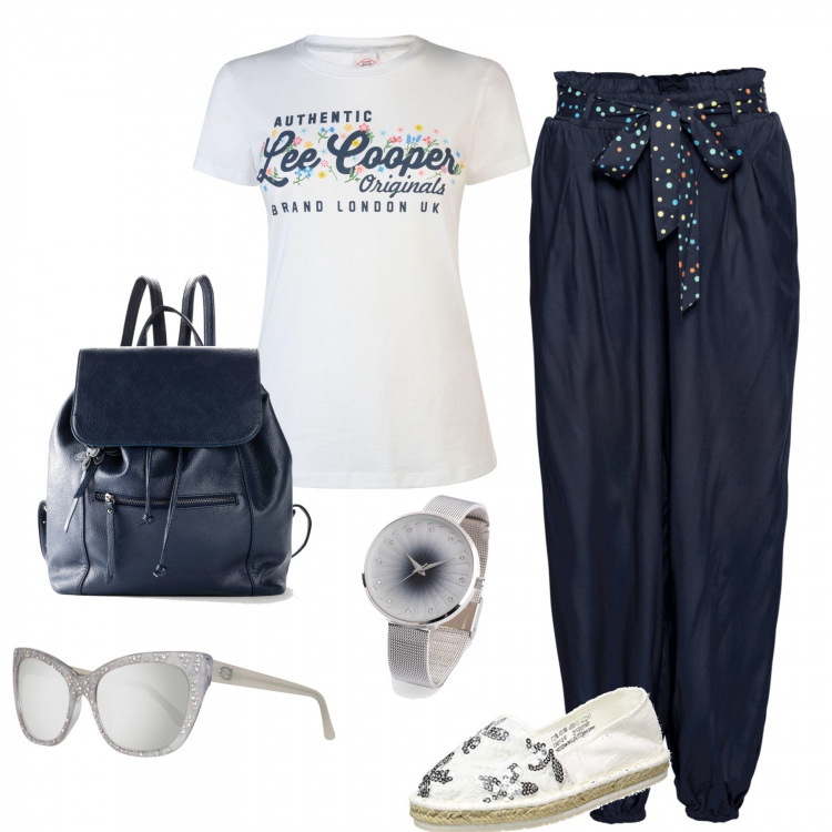 Outfit donna - Per una gita fuori porta. Stile Trendy per Tutti i giorni. Abbinamento con pantalone lungo, zaini, orologi, t-shirt, espadrillas, occhiali da sole.