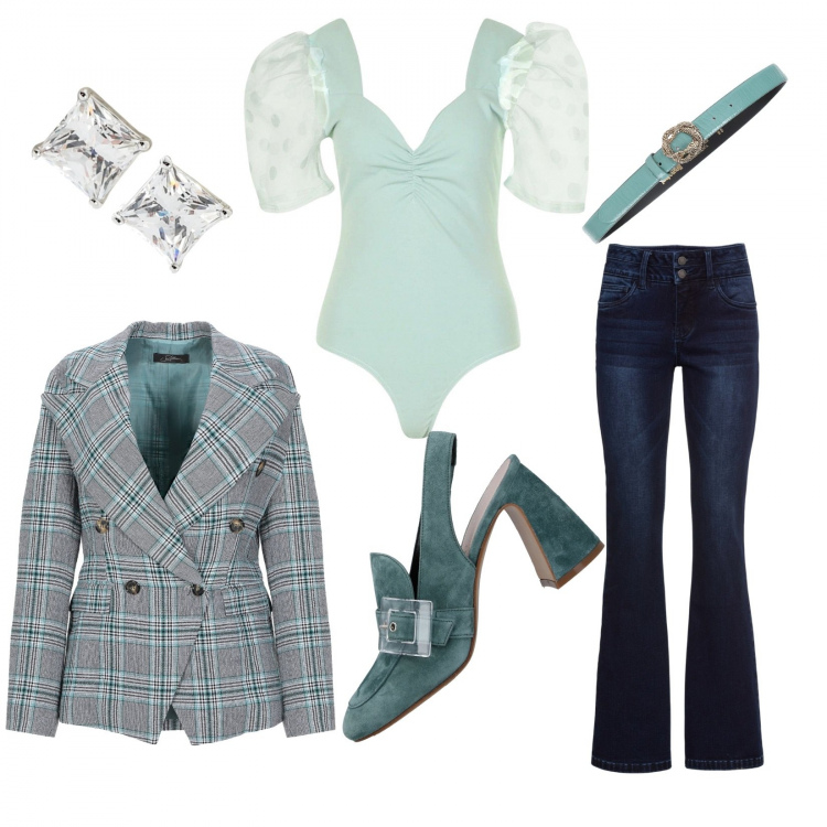 Outfit donna - Jeans a zampa. Stile Trendy per Tutti i giorni. Abbinamento con jeans bootcut, blazer, décolleté, orecchini, cinture, corpo.