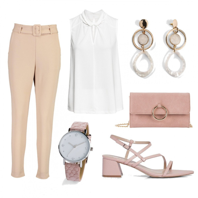 Outfit donna - Soft & Chic. Stile Chic per Tutti i giorni. Abbinamento con cappotti, top, orecchini, orologio, pantaloni, sandali con tacco.