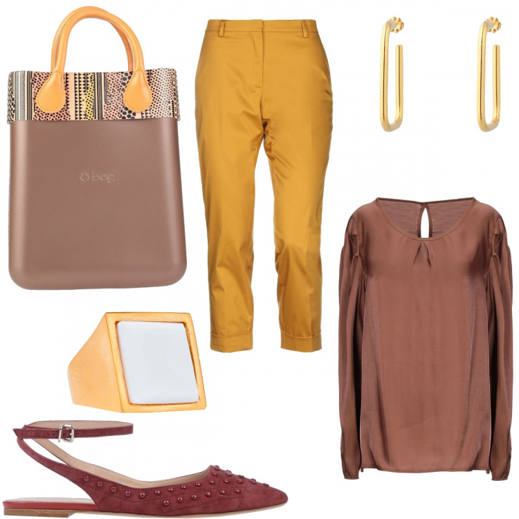 Outfit donna - Odor di bronzo. Stile Bon Ton per Tutti i giorni. Abbinamento con ballerine, bluse, pantaloni, borse a mano, anelli, orecchini.