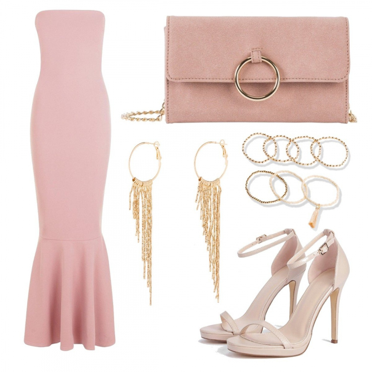 Outfit donna - Golden Pink. Stile Chic per Cerimonia. Abbinamento con cappotti, orecchini, braccialetto, vestito lungo, scarpe col tacco.