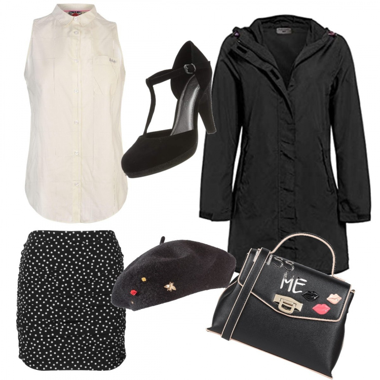 Outfit donna - Usciamo?. Stile Trendy per Tutti i giorni. Abbinamento con cappelli e berretti, borse a mano, minigonna, impermeabile, camicie, scarpe col tacco.