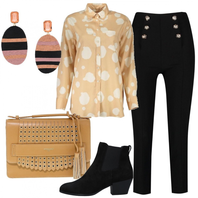 Outfit donna - Trendy #23451. Stile Trendy per Tutti i giorni. Abbinamento con stivaletti chelsea, pantaloni, borsa a tracolla, orecchini, camicia.