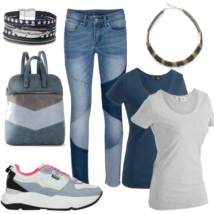 Outfit donna - Jeans blu multicolor. Stile Urban per Tutti i giorni. Abbinamento con t-shirt, jeans skinny, zaini, felpe con cappuccio, maglieria, sneakers.
