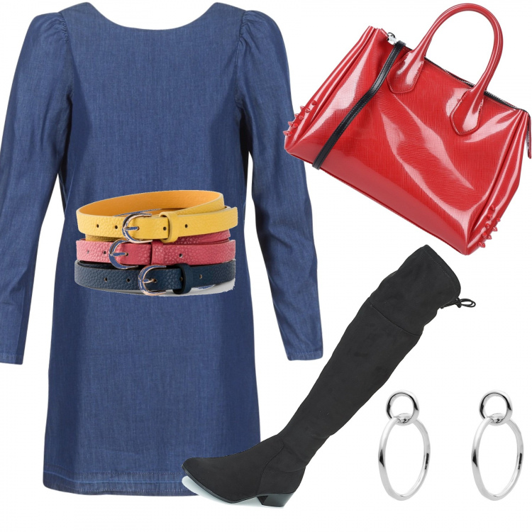 Outfit donna - Denim. Stile Chic per Tutti i giorni. Abbinamento con cinture, borse a mano, orecchini, stivali, vestiti corti.