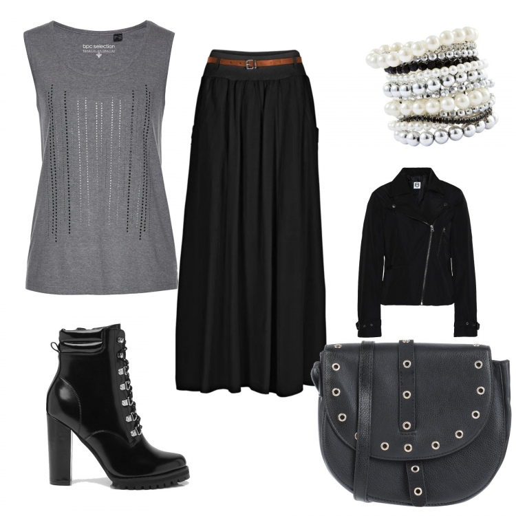 Outfit donna - Rock #2933. Stile Rock per Tutti i giorni. Abbinamento con cappotti, borsa a tracolla, braccialetti, gonna, top, scarpa col tacco.
