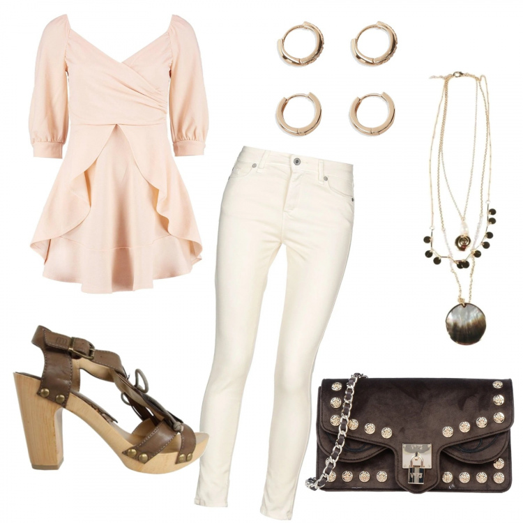 Outfit mujer - Spring night. Estilo Urban para Noche/Fiesta elegante. Combinación con zapatos de tacón multicolore, collares, vestito skater aderente rosa, bolsos de hombro, pantalone, pendientes.
